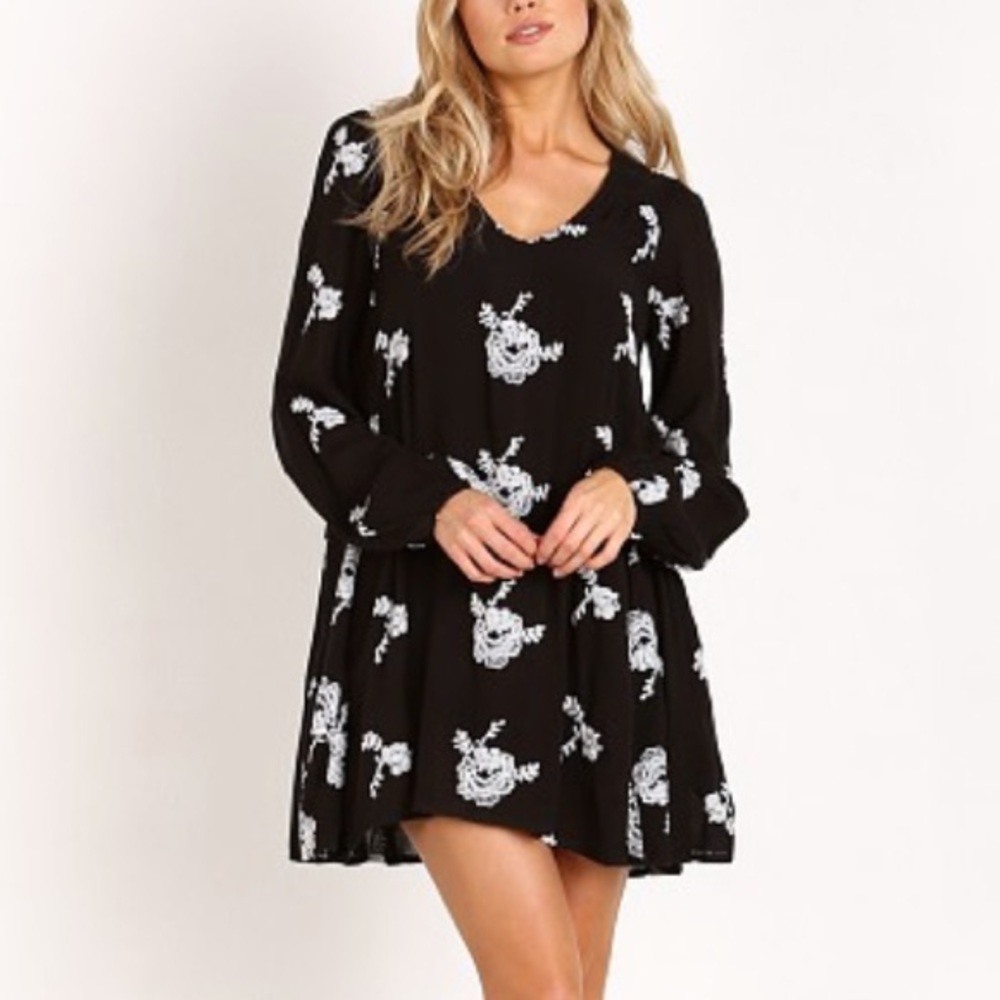 Free People Black White Floral Embroidered Emma Swing Dress